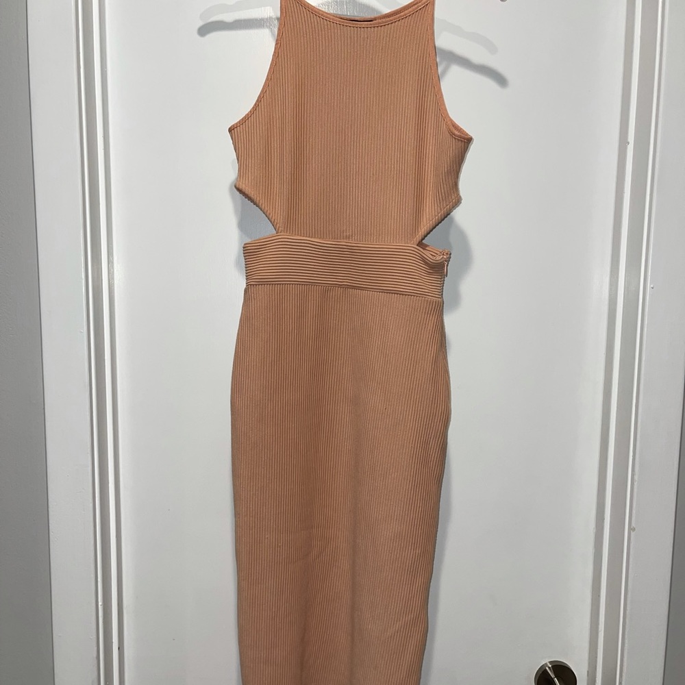 Topshop blush ribbed tight dress with cutouts